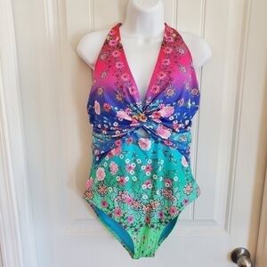 Johnny Was Pink Purple Blue Green Floral One-Piece Swimsuit NWOT
